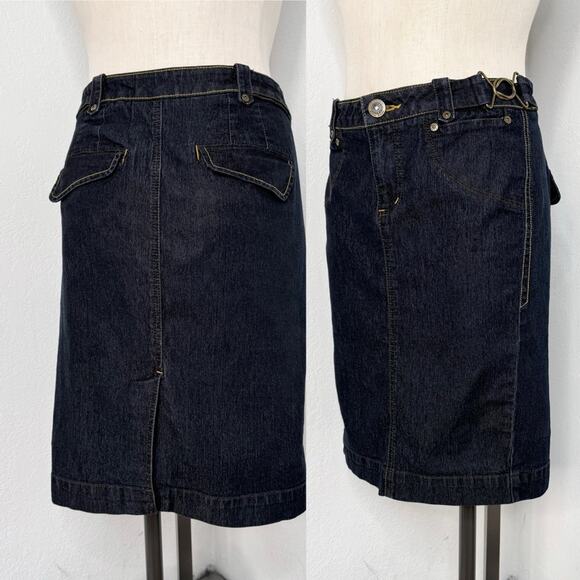 Y2K Dark Wash Denim Pencil Skirt Back Flap Pockets Size 10 - Picture 1 of 2